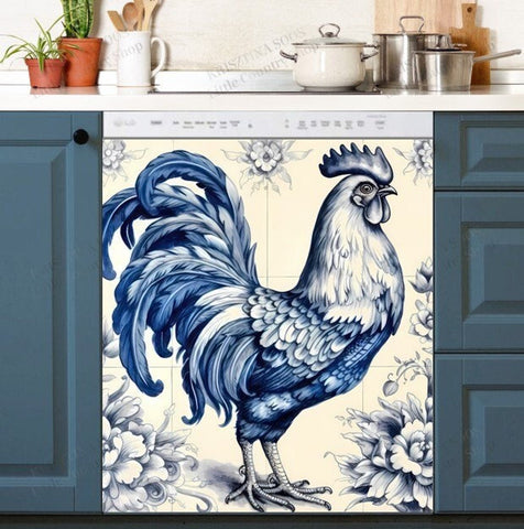 Blue Vintage Rooster Dishwasher Magnet Cover Kitchen Decoration Decals Appliances Stickers Magnetic Sticker ND