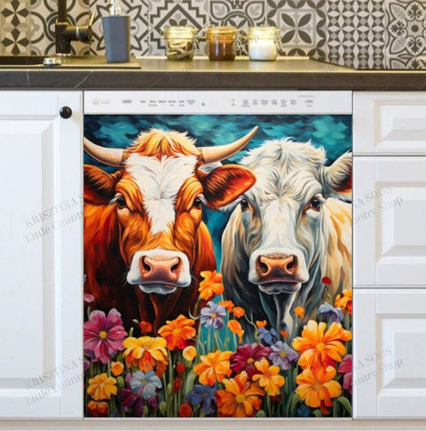 Pretty Cows And Flowers Dishwasher Magnet Cover Kitchen Decoration Decals Appliances Stickers Magnetic Sticker ND