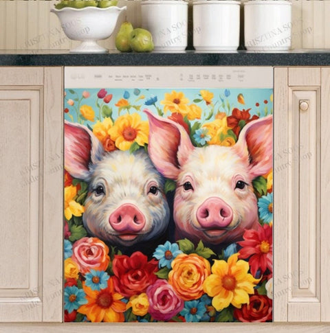 Little Piglets And Flowers Dishwasher Magnet Cover Kitchen Decoration Decals Appliances Stickers Magnetic Sticker ND