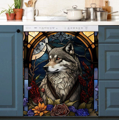 Wolf and Flowers Dishwasher Magnet Cover Kitchen Decoration Decals Appliances Stickers Magnetic Sticker ND