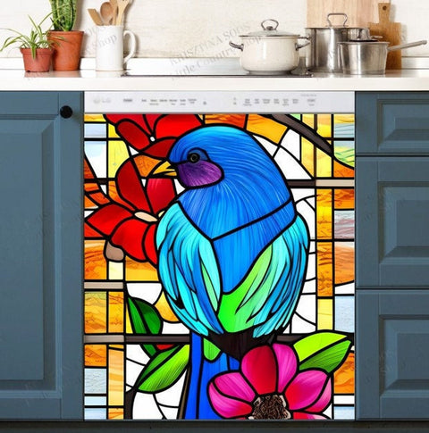 Colorful Stained Glass Bird Dishwasher Magnet Cover Kitchen Decoration Decals Appliances Stickers Magnetic Sticker ND