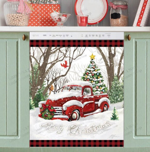 Red Christmas Car in the Snow Dishwasher Magnet Cover Kitchen Decoration Decals Appliances Stickers Magnetic Sticker ND
