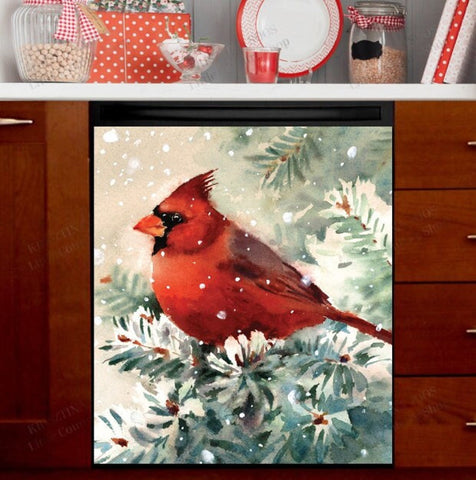 Red Cardinal on a Snowy Pine Tree Dishwasher Magnet Cover Kitchen Decoration Decals Appliances Stickers Magnetic Sticker ND