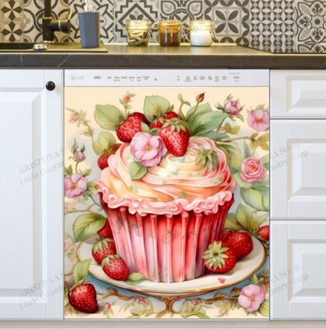 Vintage Strawberry Cupcake Dishwasher Magnet Cover Kitchen Decoration Decals Appliances Stickers Magnetic Sticker ND