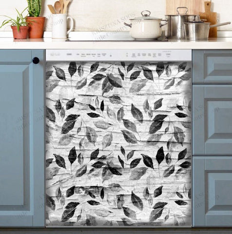 Leaves on White Wood Pattern Dishwasher Magnet Cover Kitchen Decoration Decals Appliances Stickers Magnetic Sticker ND