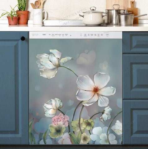Blooming White Flowers Dishwasher Magnet Cover Kitchen Decoration Decals Appliances Stickers Magnetic Sticker ND