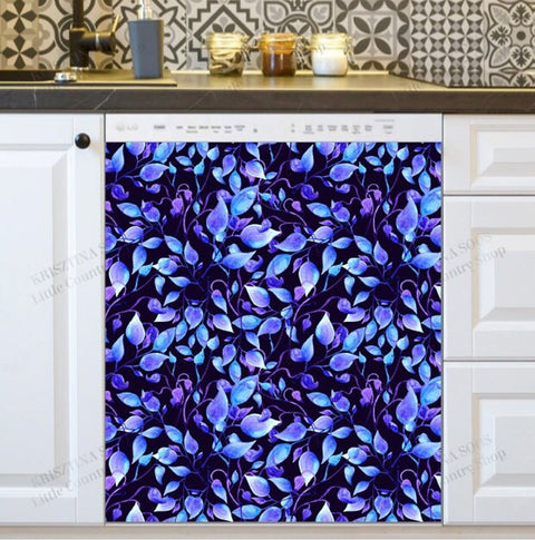 Beautiful Electric Blue Leaves Dishwasher Magnet Cover Kitchen Decoration Decals Appliances Stickers Magnetic Sticker ND