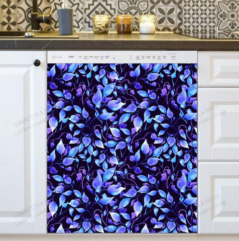 Beautiful Electric Blue Leaves Dishwasher Magnet Cover Kitchen Decoration Decals Appliances Stickers Magnetic Sticker ND