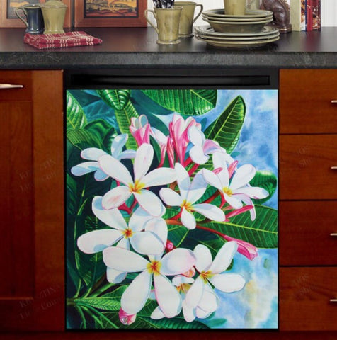 White Plumeria Flowers Dishwasher Magnet Cover Kitchen Decoration Decals Appliances Stickers Magnetic Sticker ND