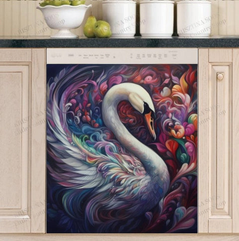 Gorgeous Swan and Flowers Dishwasher Magnet Cover Kitchen Decoration Decals Appliances Stickers Magnetic Sticker ND