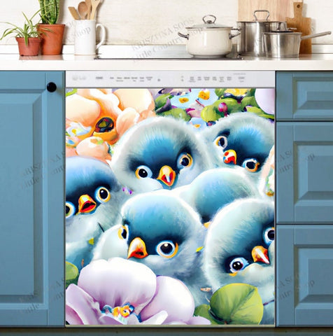 Cute Fluffy Baby Blue Birds Dishwasher Magnet Cover Kitchen Decoration Decals Appliances Stickers Magnetic Sticker ND
