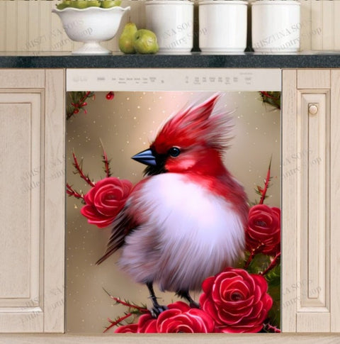 Summer Cardinal with Roses Dishwasher Magnet Cover Kitchen Decoration Decals Appliances Stickers Magnetic Sticker ND