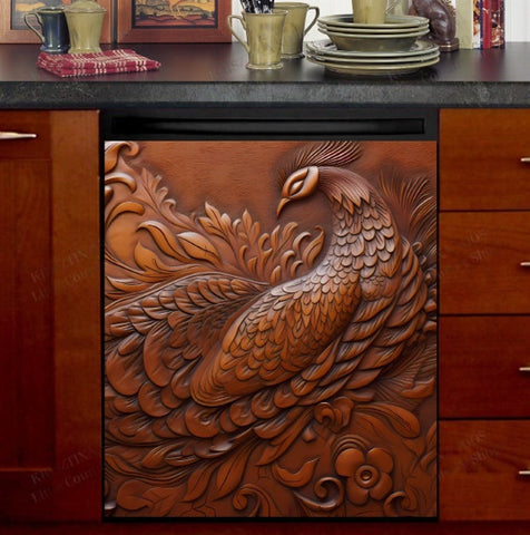 Beautiful Tooled Leather Peacock Dishwasher Magnet Cover Kitchen Decoration Decals Appliances Stickers Magnetic Sticker ND