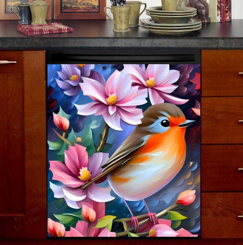 Robin on a Blooming Tree Dishwasher Magnet Cover Kitchen Decoration Decals Appliances Stickers Magnetic Sticker ND