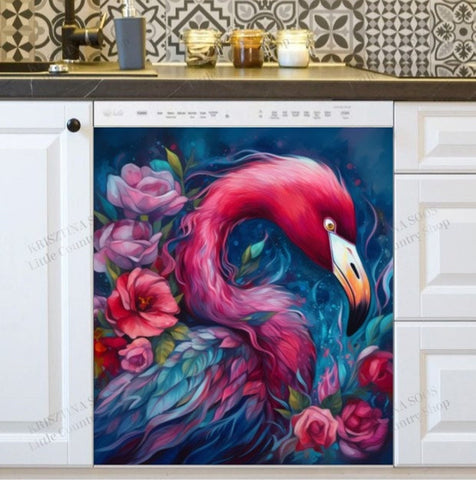Beautiful Pink Flamingo Dishwasher Magnet Cover Kitchen Decoration Decals Appliances Stickers Magnetic Sticker ND