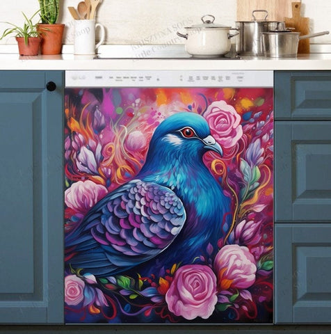 Beautiful Pigeon and Flowers Dishwasher Magnet Cover Kitchen Decoration Decals Appliances Stickers Magnetic Sticker ND