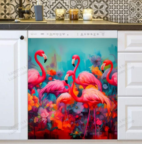 Pink Summer Flamingos Dishwasher Magnet Cover Kitchen Decoration Decals Appliances Stickers Magnetic Sticker ND