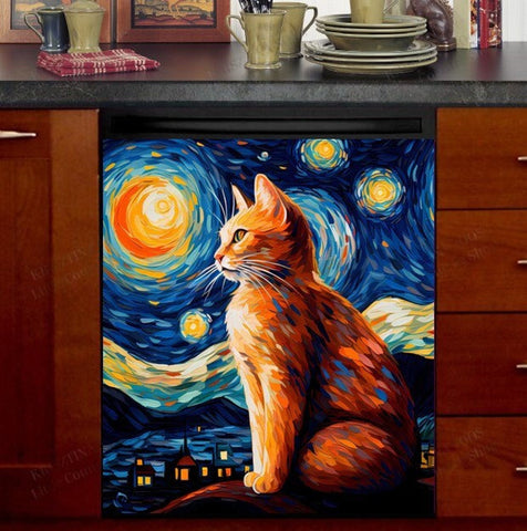 Starry Night Cat Dishwasher Magnet Cover Kitchen Decoration Decals Appliances Stickers Magnetic Sticker ND