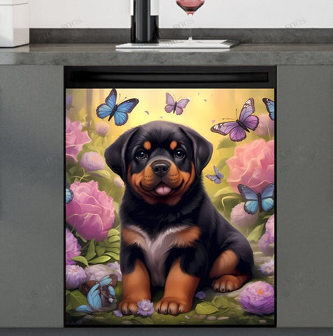 Rottweiler Puppy And Butterflies Dishwasher Magnet Cover Kitchen Decoration Decals Appliances Stickers Magnetic Sticker ND