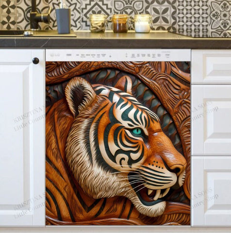 Beautiful Tooled Leather Tiger Dishwasher Magnet Cover Kitchen Decoration Decals Appliances Stickers Magnetic Sticker ND