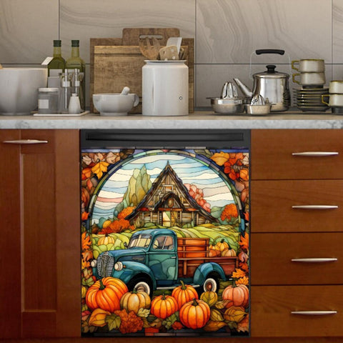 Stained Glass Pumpkin Farm With Truck Dishwasher Magnet Cover Kitchen Decoration Decals Appliances Stickers Magnetic Sticker ND