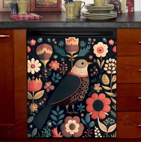 Vintage Folk Bird Flowers Dishwasher Magnet Cover Kitchen Decoration Decals Appliances Stickers Magnetic Sticker ND