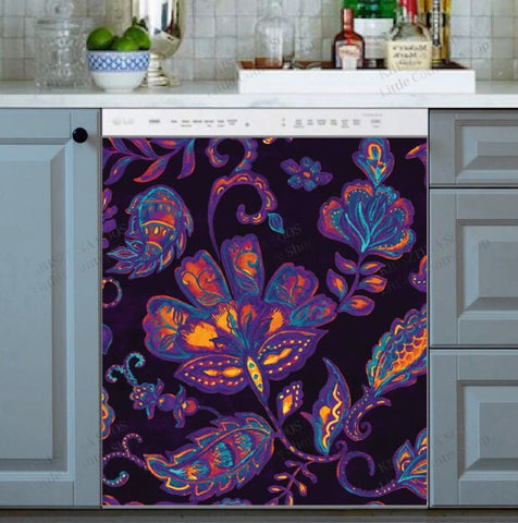 Bohemian Folklore Paisley and Tulips Dishwasher Magnet Cover Kitchen Decoration Decals Appliances Stickers Magnetic Sticker ND