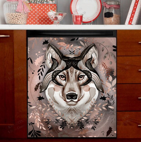 Ethnic Winter Wolf Dishwasher Magnet Cover Kitchen Decoration Decals Appliances Stickers Magnetic Sticker ND