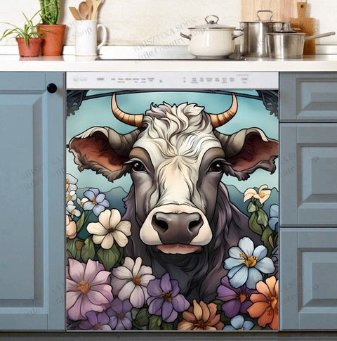 Cow And Flowers Dishwasher Magnet Cover Kitchen Decoration Decals Appliances Stickers Magnetic Sticker ND