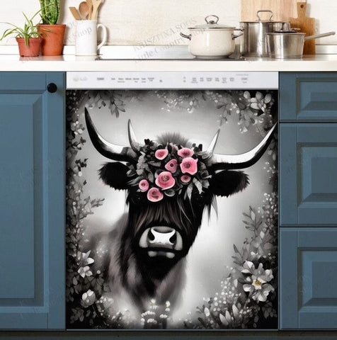 Black Bull with Pink Roses Dishwasher Magnet Cover Kitchen Decoration Decals Appliances Stickers Magnetic Sticker ND