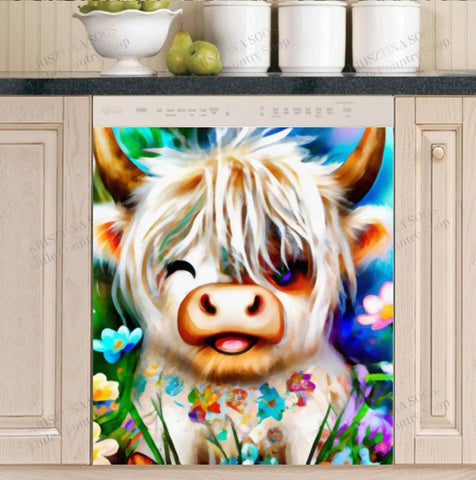 Winking Highland Baby Cow Dishwasher Magnet Cover Kitchen Decoration Decals Appliances Stickers Magnetic Sticker ND