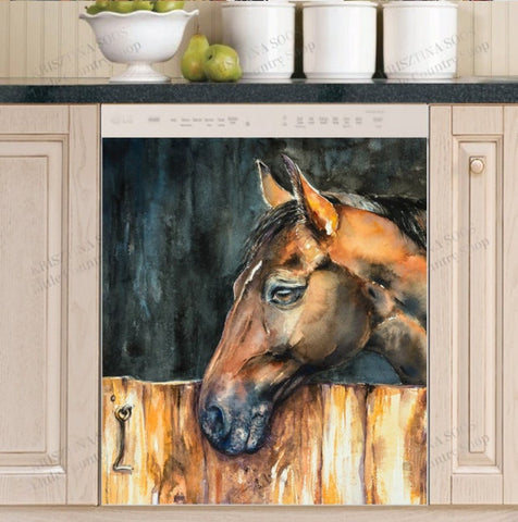 Horse in the Stable Dishwasher Magnet Cover Kitchen Decoration Decals Appliances Stickers Magnetic Sticker ND