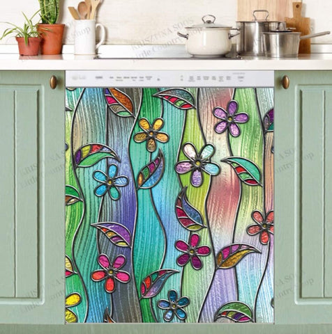 Beautiful Stained Glass Flower Pattern Dishwasher Magnet Cover Kitchen Decoration Decals Appliances Stickers Magnetic Sticker ND