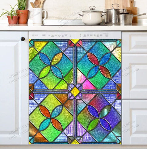 Beautiful Stained Glass Pattern Dishwasher Magnet Cover Kitchen Decoration Decals Appliances Stickers Magnetic Sticker ND