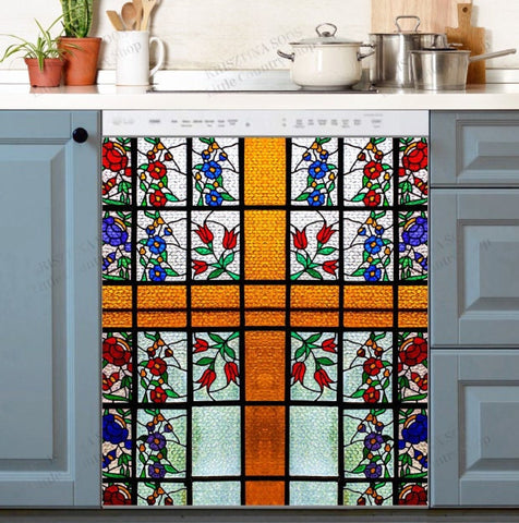 Beautiful Stained Glass Flower Pattern Dishwasher Magnet Cover Kitchen Decoration Decals Appliances Stickers Magnetic Sticker ND