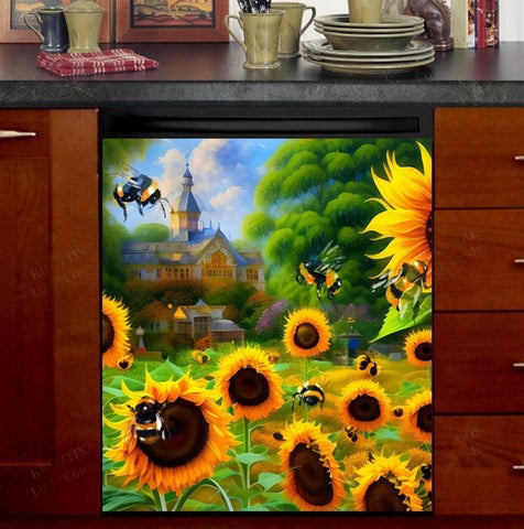 Bumblebees Sunflower Garden Dishwasher Magnet Cover Kitchen Decoration Decals Appliances Stickers Magnetic Sticker ND