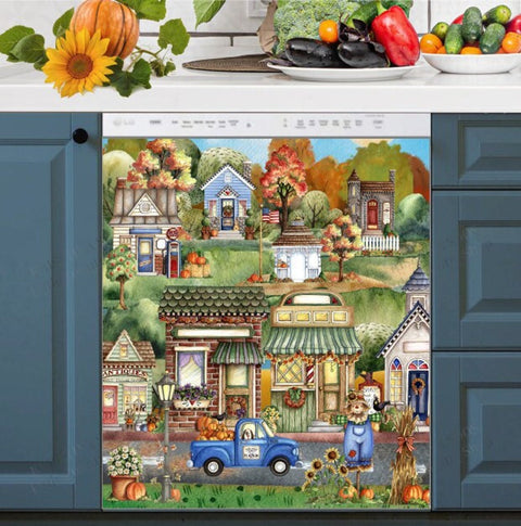 Cute Autumn Village Dishwasher Magnet Cover Kitchen Decoration Decals Appliances Stickers Magnetic Sticker ND