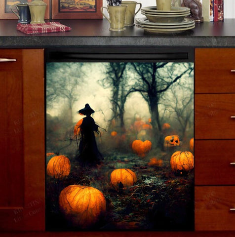 Halloween Witch on a Pumpkin Field Dishwasher Magnet Cover Kitchen Decoration Decals Appliances Stickers Magnetic Sticker ND