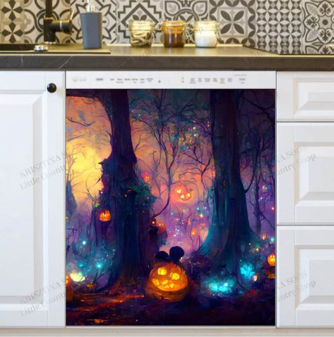 Halloween Pumpkins In Magical Forest Dishwasher Magnet Cover Kitchen Decoration Decals Appliances Stickers Magnetic Sticker ND