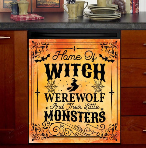 Home Of Witch Werewolf and Their Little Monsters Dishwasher Magnet Cover Kitchen Decoration Decals Appliances Stickers Magnetic Sticker ND