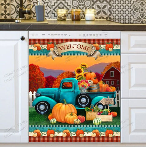 Autumn Farmer's Market Pumpkin Truck Dishwasher Magnet Cover Kitchen Decoration Decals Appliances Stickers Magnetic Sticker ND