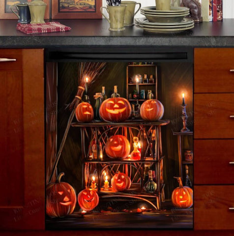 The Witch's Kitchen with Pumpkins Dishwasher Magnet Cover Kitchen Decoration Decals Appliances Stickers Magnetic Sticker ND