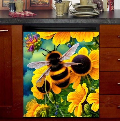 Bumblebee Flowers Dishwasher Magnet Cover Kitchen Decoration Decals Appliances Stickers Magnetic Sticker ND