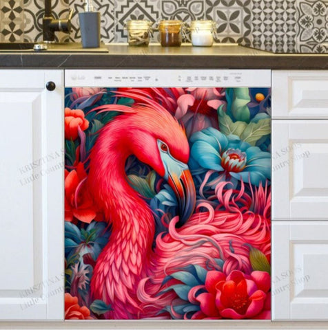 Pink Flamingo Dishwasher Magnet Cover Kitchen Decoration Decals Appliances Stickers Magnetic Sticker ND