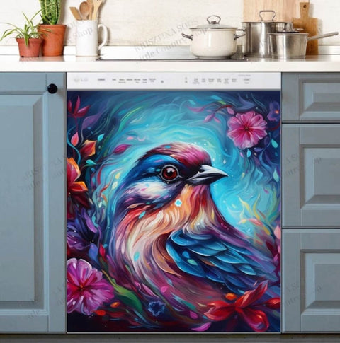 Pretty Sparrow And Flowers Dishwasher Magnet Cover Kitchen Decoration Decals Appliances Stickers Magnetic Sticker ND