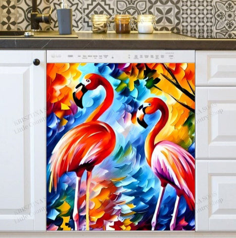 Pretty Flamingo Couple Dishwasher Magnet Cover Kitchen Decoration Decals Appliances Stickers Magnetic Sticker ND