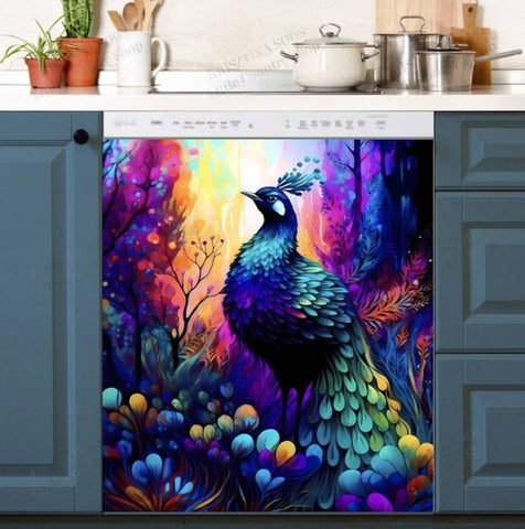 Colorful Peacock in the Forest Dishwasher Magnet Cover Kitchen Decoration Decals Appliances Stickers Magnetic Sticker ND