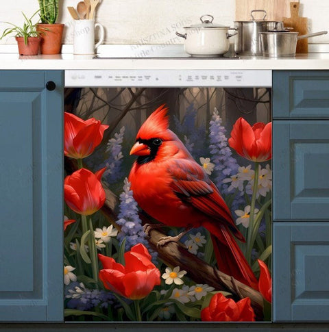 Beautiful Cardinal and Tulips Dishwasher Magnet Cover Kitchen Decoration Decals Appliances Stickers Magnetic Sticker ND