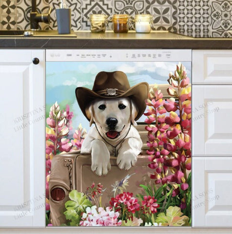 Cute Golden Retriever Cowboy Puppy Dishwasher Magnet Cover Kitchen Decoration Decals Appliances Stickers Magnetic Sticker ND