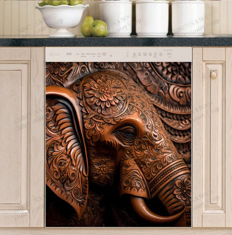 Beautiful Tooled Leather Elephant Dishwasher Magnet Cover Kitchen Decoration Decals Appliances Stickers Magnetic Sticker ND